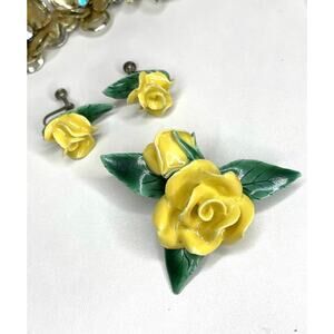 VINTAGE Brooch Earrings Yellow Rose Porcelain Capodimonte vtg Flower AU01